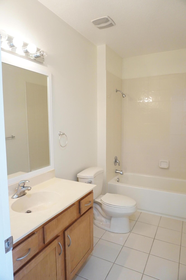 full bath featuring vanity, visible vents, tile patterned flooring, shower / bathing tub combination, and toilet