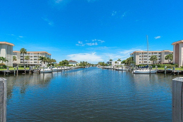 view of water feature with a dock