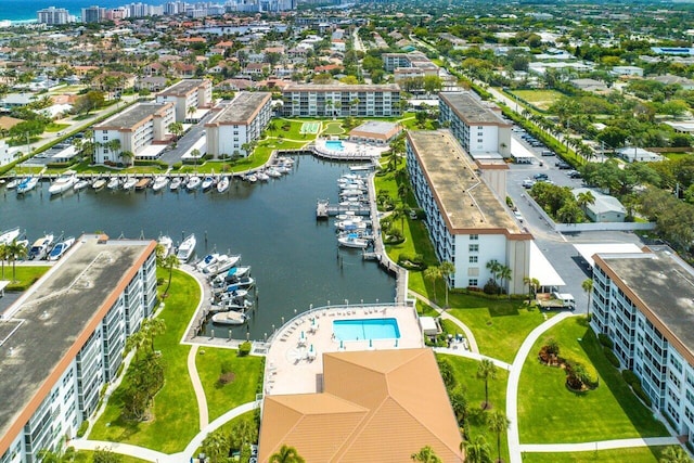 aerial view featuring a water view