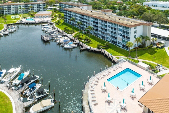 drone / aerial view with a water view