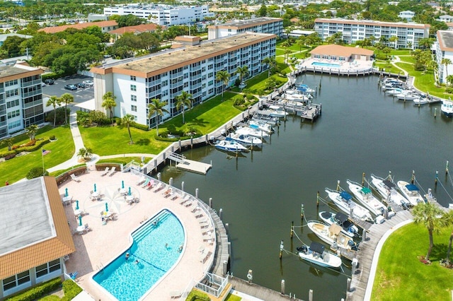 bird's eye view with a water view