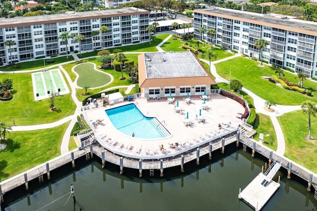 bird's eye view with a water view