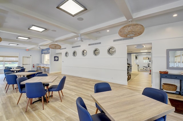 dining space with light wood finished floors, beamed ceiling, coffered ceiling, and visible vents