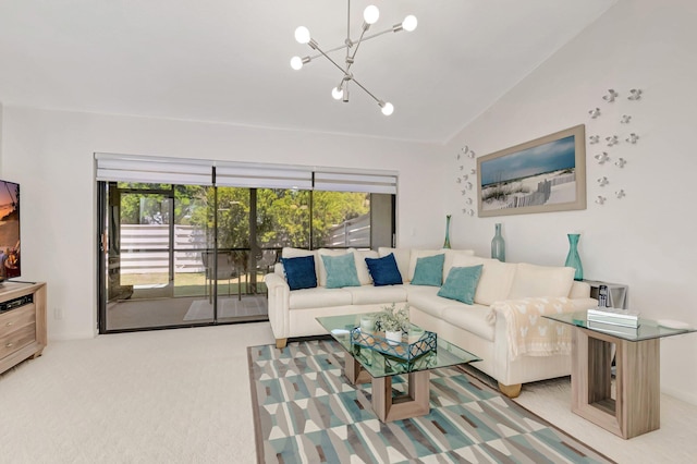 living area with carpet flooring and an inviting chandelier