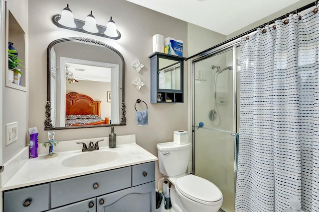 full bath featuring toilet, a shower with curtain, and vanity