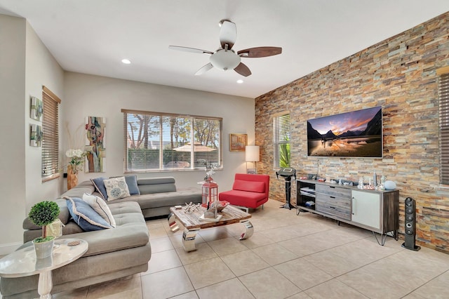 living room with tile patterned floors, recessed lighting, and ceiling fan