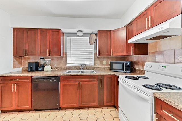 kitchen featuring stainless steel microwave, under cabinet range hood, black dishwasher, electric range, and a sink