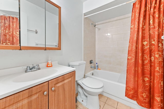 full bath with tile patterned floors, shower / bath combination with curtain, toilet, and vanity