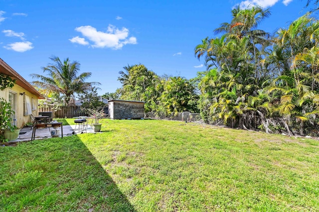 view of yard featuring an outbuilding, a patio area, and a fenced backyard