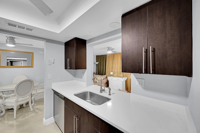 kitchen with a ceiling fan, a sink, visible vents, and stainless steel dishwasher