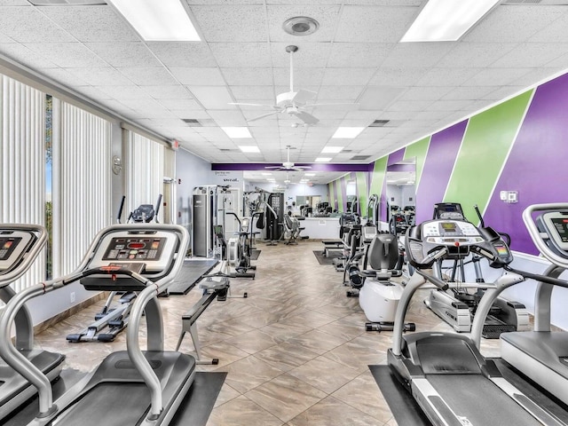 workout area with a drop ceiling and ceiling fan