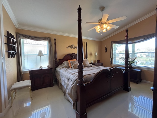 bedroom with ceiling fan, multiple windows, light tile patterned flooring, and crown molding