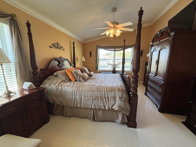 bedroom with light tile patterned floors, lofted ceiling, ceiling fan, and crown molding