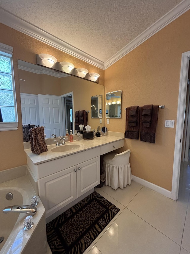 full bathroom with crown molding, a garden tub, tile patterned floors, a textured ceiling, and vanity