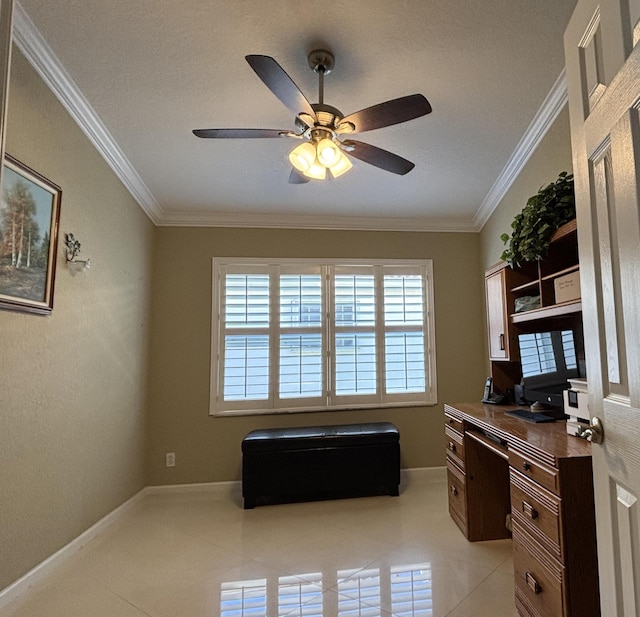 home office with light tile patterned floors, baseboards, crown molding, and a ceiling fan