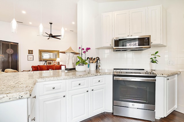 kitchen with dark wood-style floors, decorative backsplash, a peninsula, and stainless steel appliances