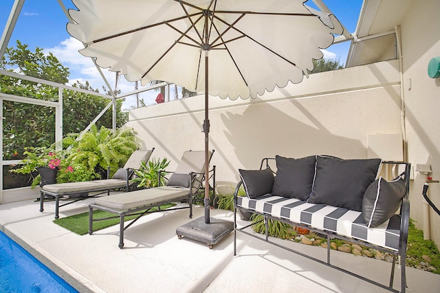 view of patio / terrace with a lanai and outdoor lounge area