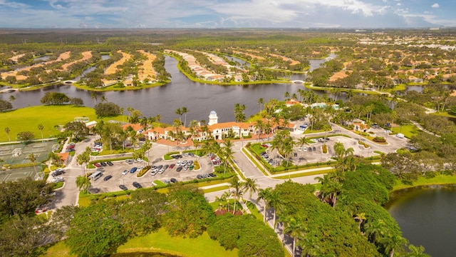 birds eye view of property featuring a water view