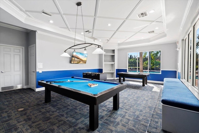 playroom featuring visible vents, ornamental molding, coffered ceiling, carpet, and pool table