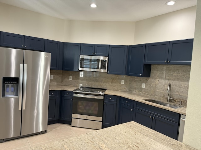 560 SW Indian Key Dr S, Saint Lucie West, FL 34986 - kitchen with a sink, backsplash, stainless steel appliances, and blue cabinetry