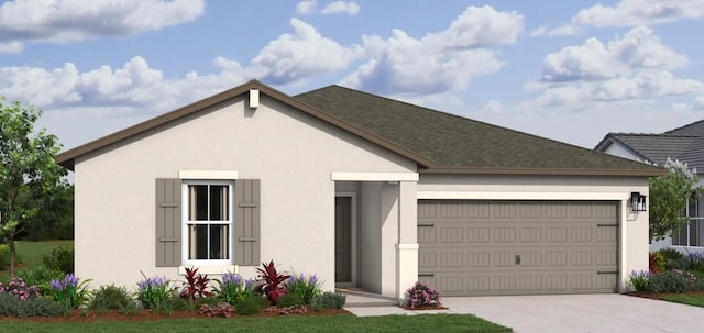 ranch-style home with stucco siding, concrete driveway, a garage, and roof with shingles