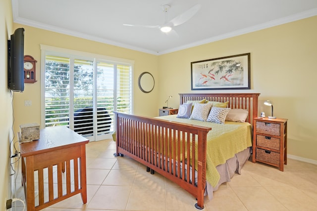 bedroom featuring light tile patterned floors, ceiling fan, crown molding, and access to outside