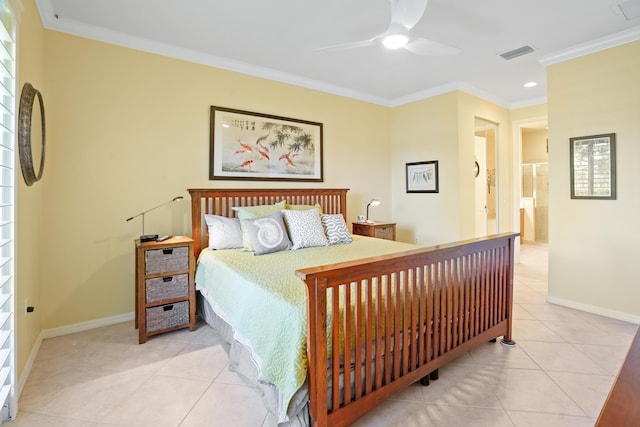 bedroom with baseboards, visible vents, light tile patterned flooring, ceiling fan, and crown molding