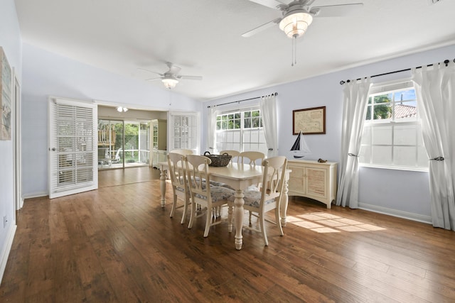 2853 White Trout Ln, West Palm Beach, FL 33411 - dining area featuring a ceiling fan, hardwood / wood-style floors, baseboards, and lofted ceiling