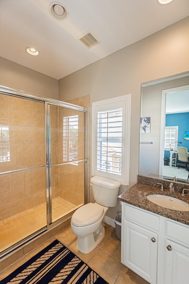 bathroom featuring tile patterned floors, visible vents, toilet, a shower stall, and vanity