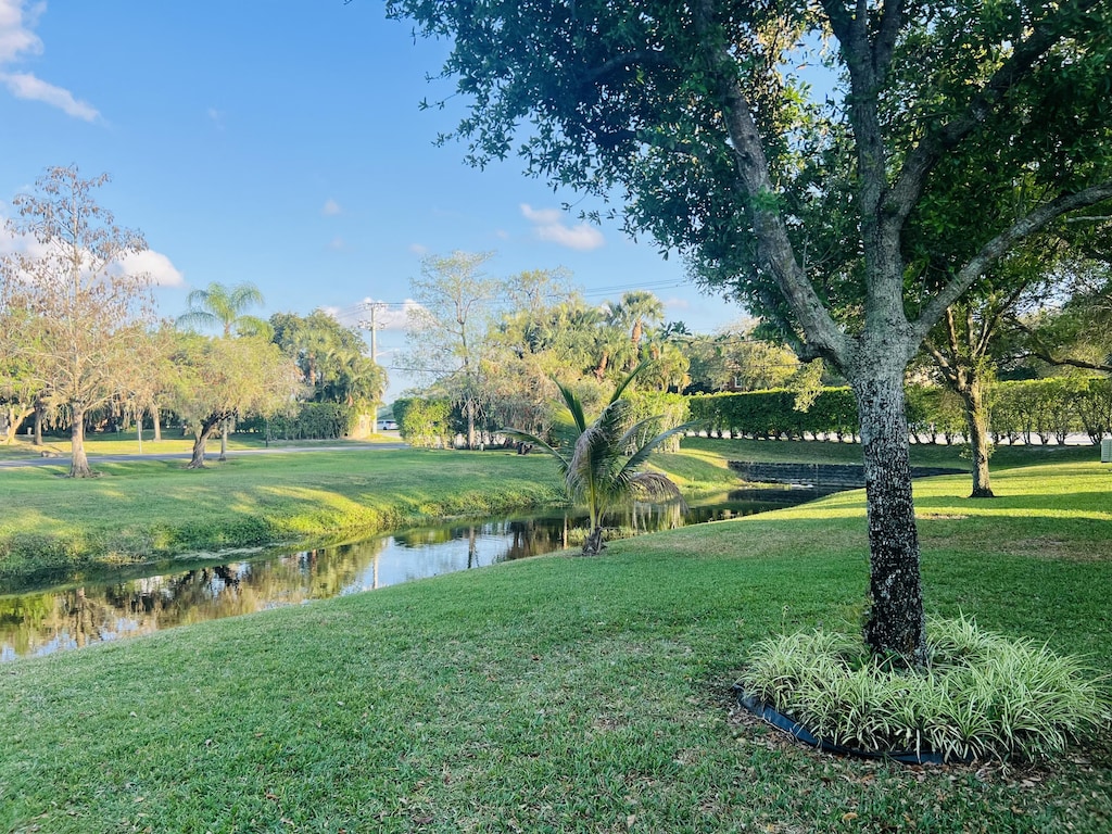 view of property's community featuring a yard and a water view