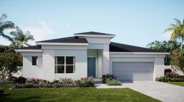 view of front of property with decorative driveway, a front lawn, an attached garage, and stucco siding