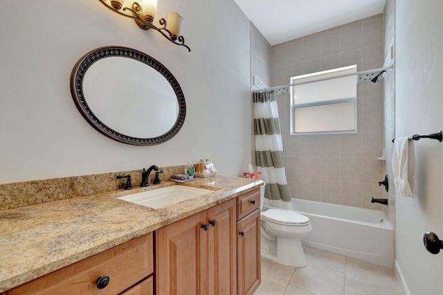 full bathroom with tile patterned flooring, shower / tub combo with curtain, toilet, and vanity