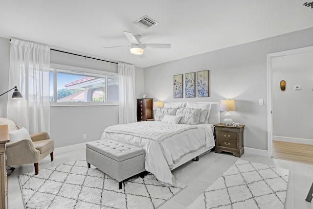 bedroom featuring visible vents, baseboards, and ceiling fan