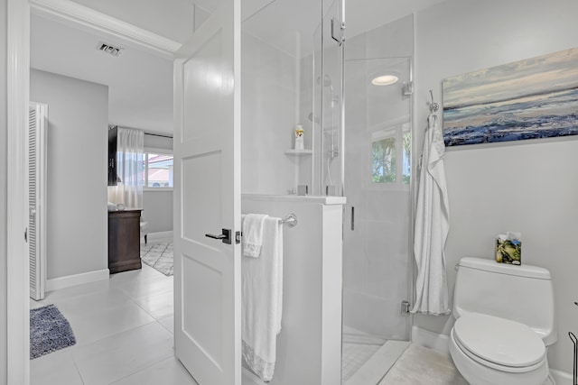 full bathroom with visible vents, baseboards, a stall shower, tile patterned floors, and toilet