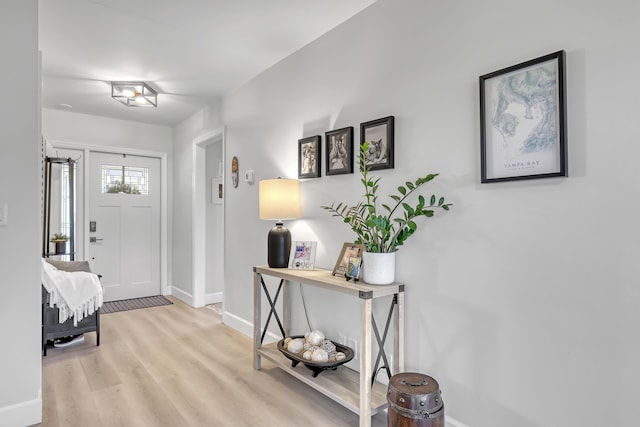 foyer with baseboards and wood finished floors