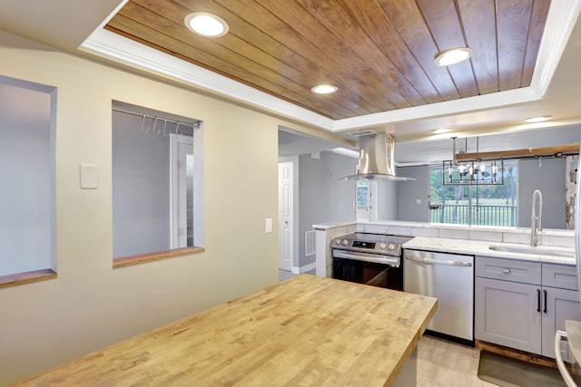 kitchen with island exhaust hood, a sink, stainless steel appliances, wooden ceiling, and a raised ceiling