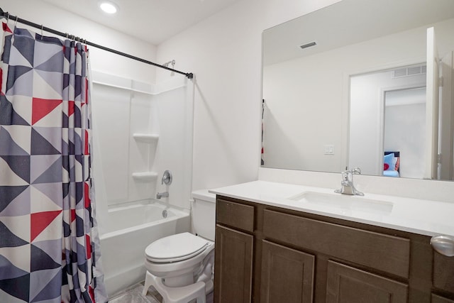 full bathroom with vanity, shower / bath combo with shower curtain, toilet, and visible vents