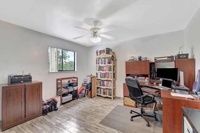 office area featuring light wood-type flooring and ceiling fan