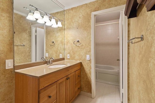 full bathroom featuring vanity, tile patterned floors, and shower / washtub combination