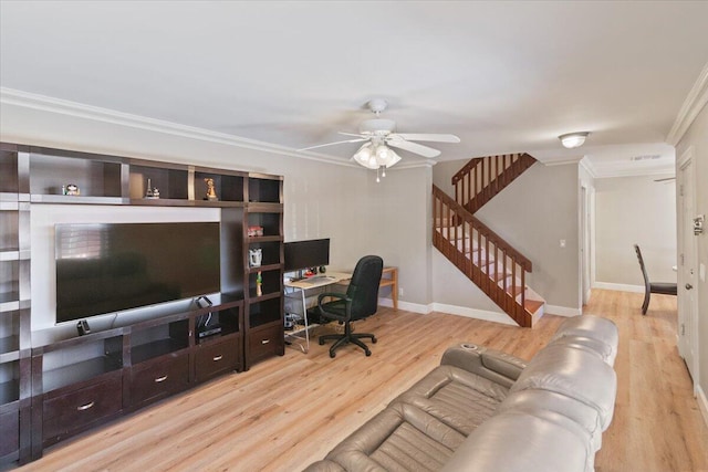 office space with visible vents, a ceiling fan, wood finished floors, crown molding, and baseboards