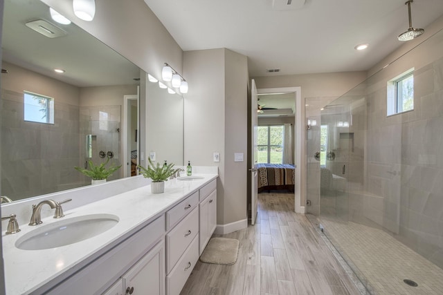 ensuite bathroom featuring a sink, a wealth of natural light, and a stall shower