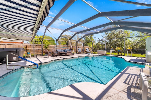 view of swimming pool featuring an outdoor living space, a fenced in pool, a hot tub, a fenced backyard, and a patio