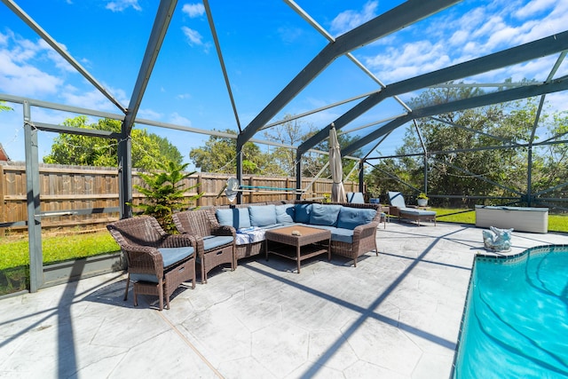 view of patio with a fenced backyard, glass enclosure, a fenced in pool, an outdoor hangout area, and a hot tub