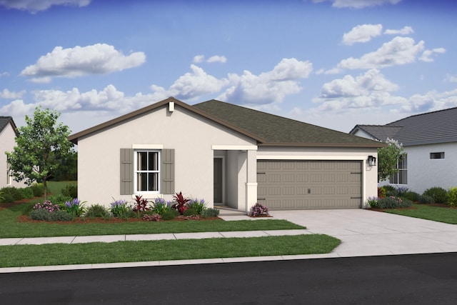 single story home with a garage, driveway, and stucco siding