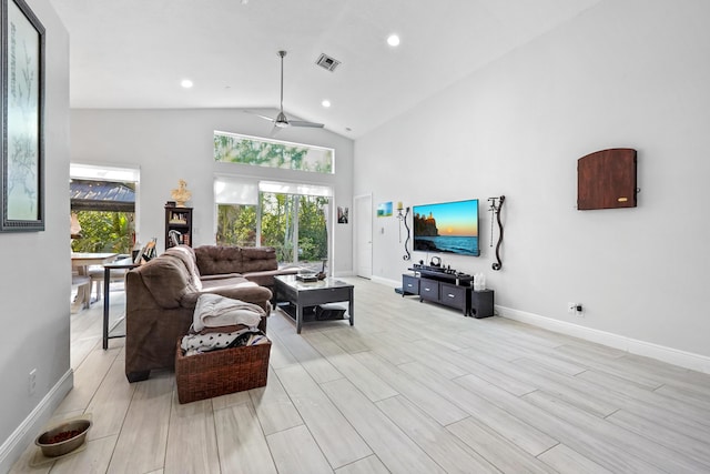 living room featuring visible vents, baseboards, wood tiled floor, high vaulted ceiling, and a ceiling fan