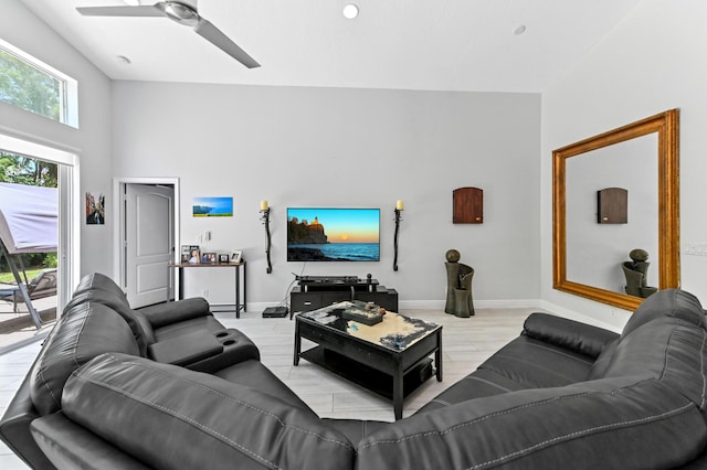 5822 Saddle Trail Ln, Lake Worth, FL 33449 - living area with ceiling fan, wood finished floors, and a high ceiling