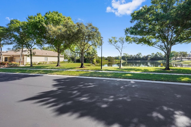 view of road with sidewalks and a water view