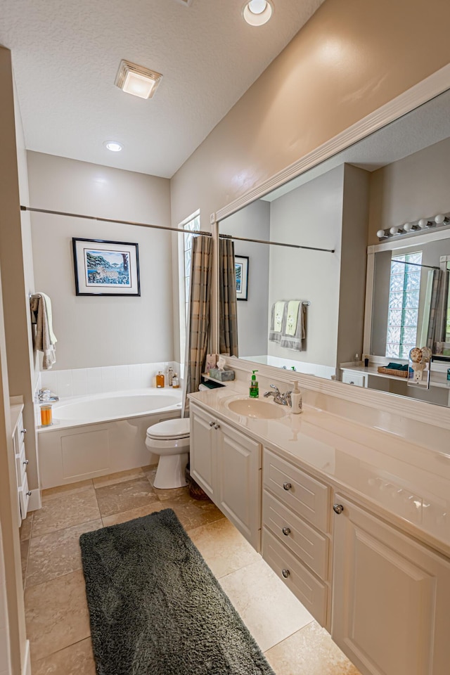 bathroom featuring toilet, recessed lighting, a shower, a bath, and vanity