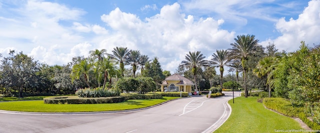 view of home's community with curved driveway and a yard