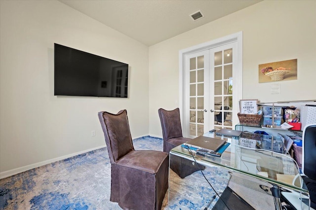 home office featuring french doors, visible vents, carpet floors, and baseboards